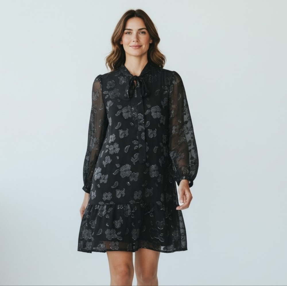 Jack Wills Black Floral Jacquard Tie Neck Sheer Long Sleeve Midi Dress Size US 8